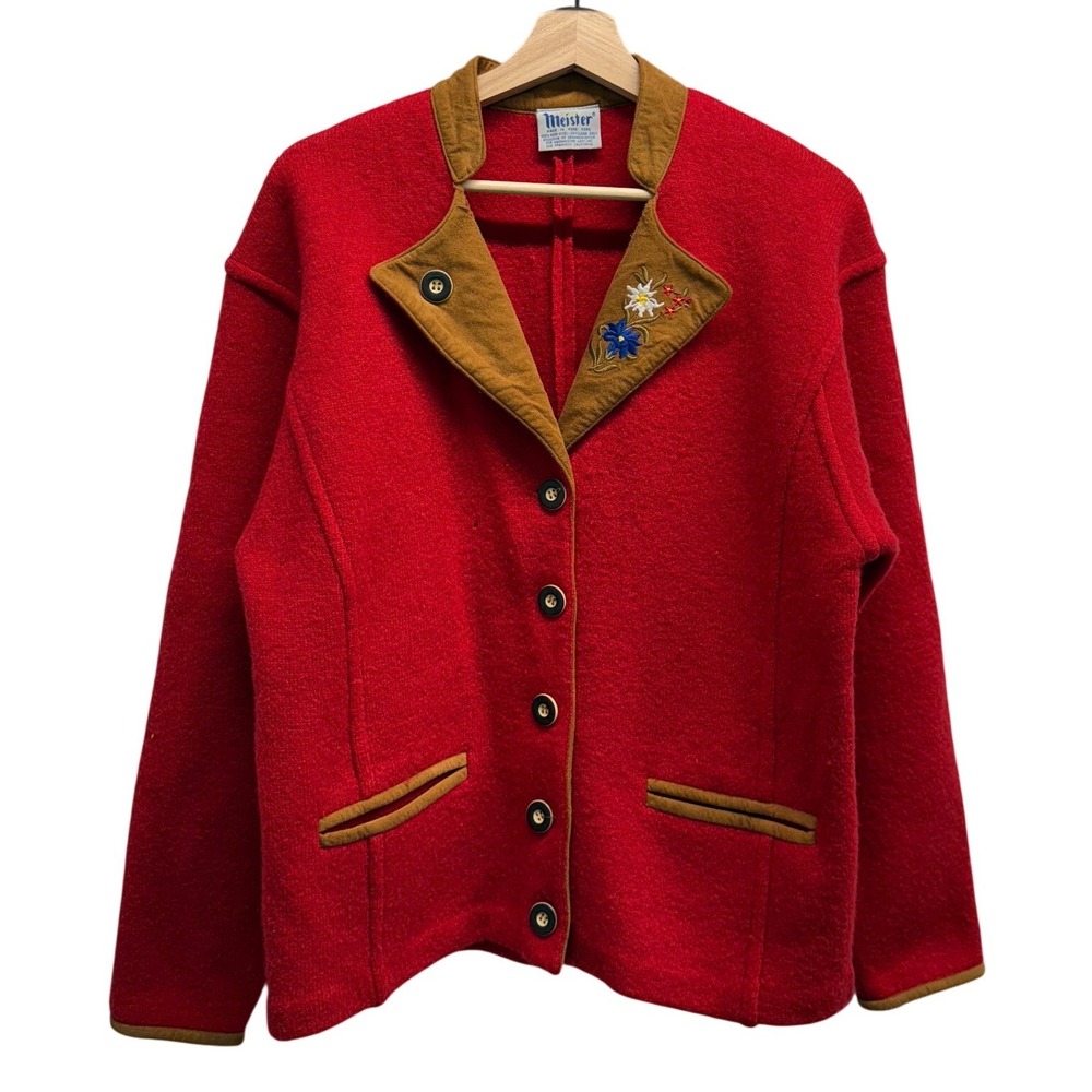 Meister Vintage Red Wool‎ Tyrolean Cardigan Jacket Floral Embroidery size Medium